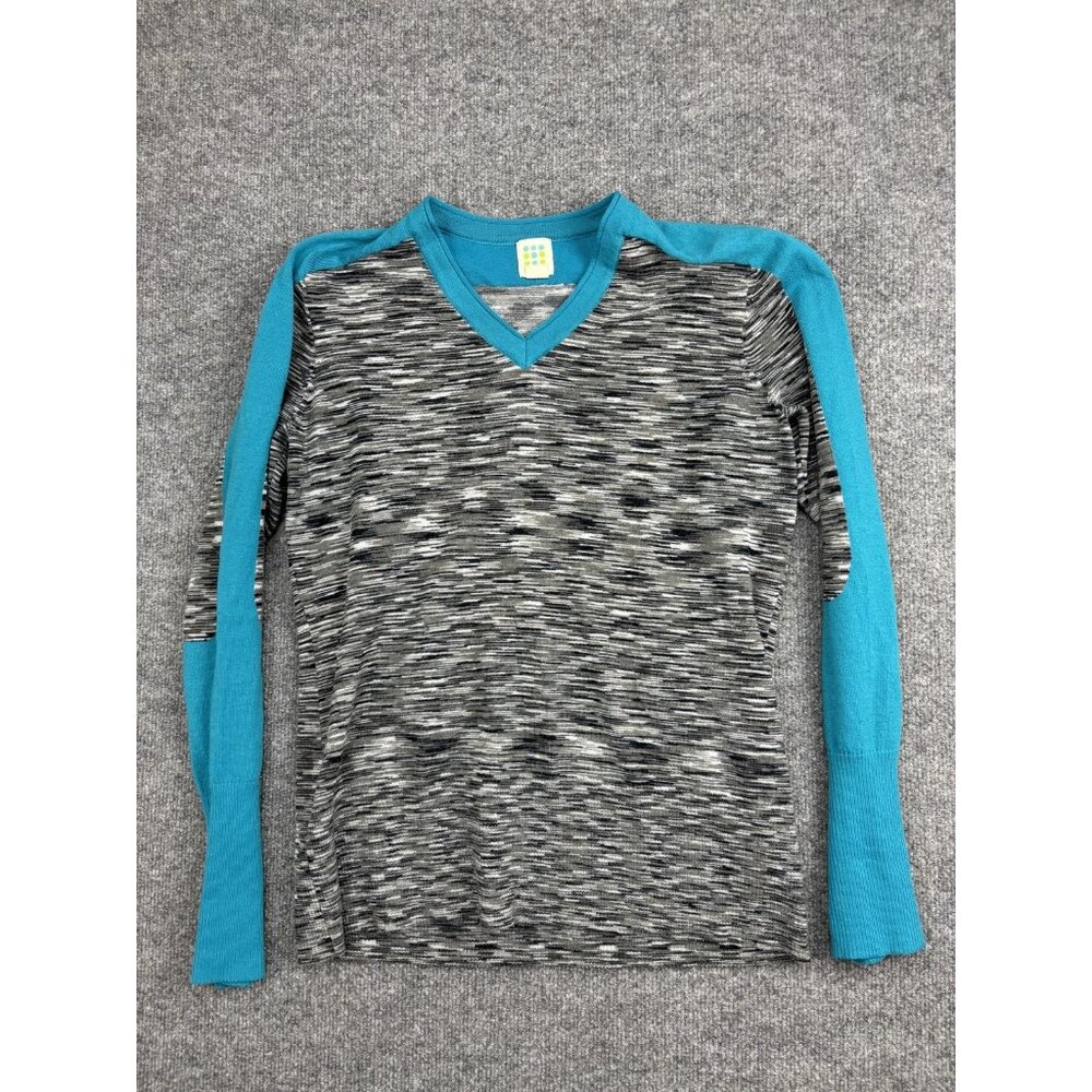 Title Nine Sweater Womens XL Gray Blue Colorblock V Neck Long Sleeve Stretch